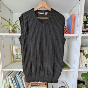 Vintage Black V Neck Cable Knit Sweater Vest Men's Size Large Academia Teacher